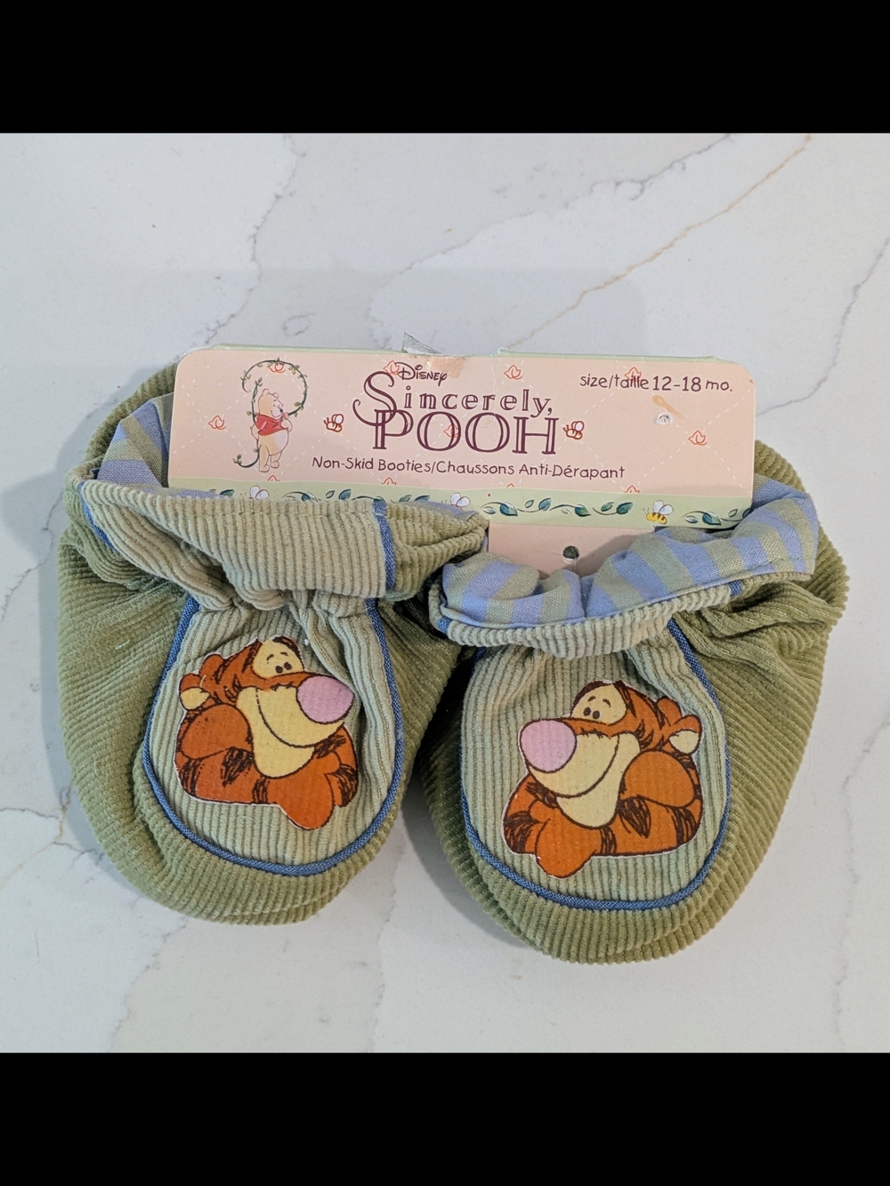 Vintage Disney Baby Booties in Olive Green and Light Blue Stripes